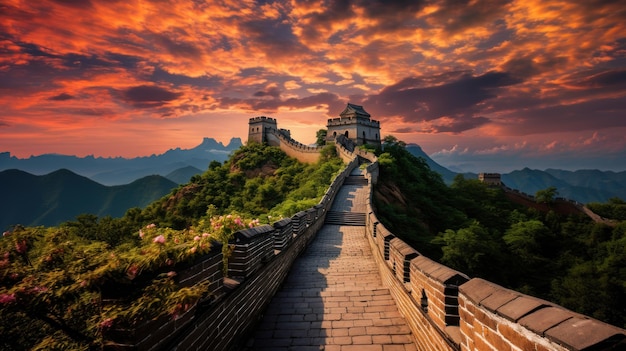 Foto majestica grande muralha da china no pôr-do-sol vista panorâmica ia geradora