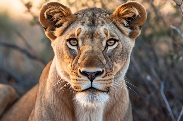 Foto majestica leona mirando fijamente a la cámara en la sabana