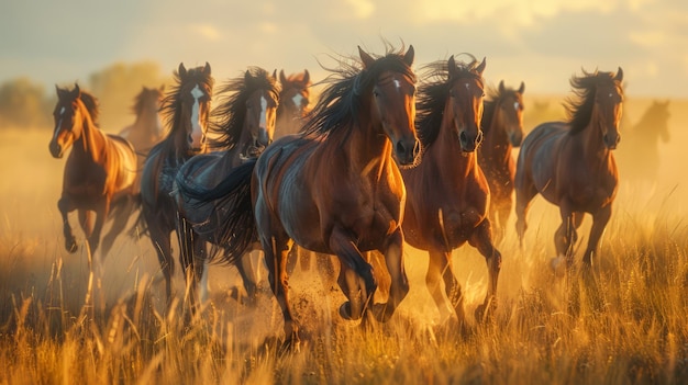 Majestica manada de caballos corriendo libres en la luz de la hora dorada a través de un campo exuberante