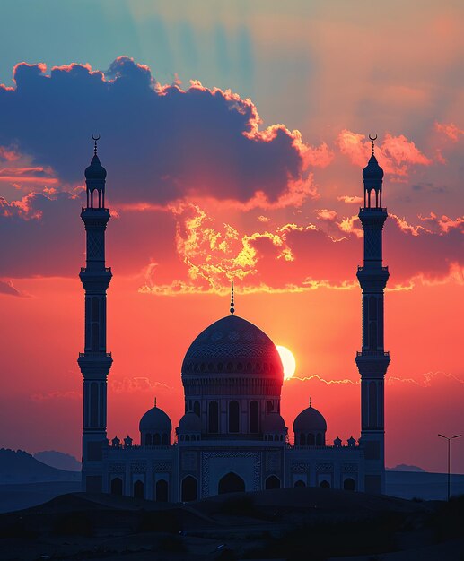 Majestica mesquita em silhueta contra um céu vibrante ao pôr-do-sol