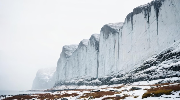 Majestica montanha coberta de neve com um grande penhasco coberto de gelo