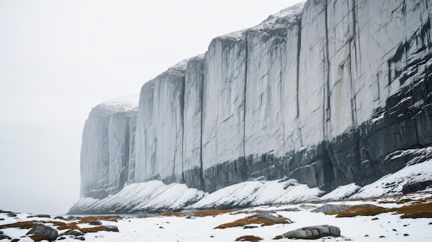 Majestica montanha coberta de neve com um grande penhasco coberto de gelo