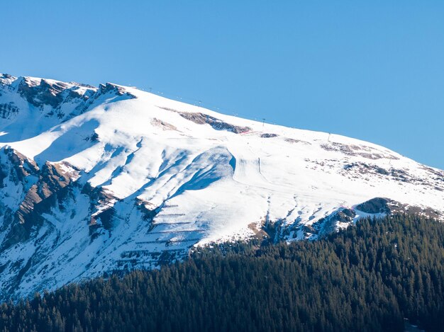 Foto majestica montanha coberta de neve e floresta perto de murren, suíça