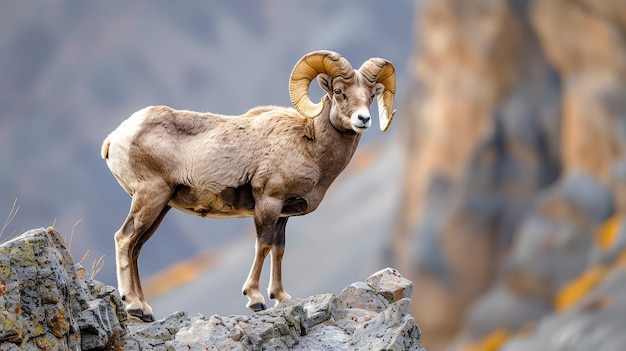 Majestica ovelha de chifres grandes em pé na cordilheira das Montanhas Rochosas contra um fundo desfocado na natureza