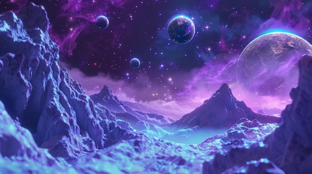 Majestica paisagem alienígena com planetas e estrelas num céu roxo Scifi e espaço