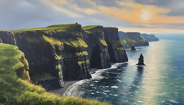 Majestica pintura al óleo de los acantilados de Moher que se elevan sobre el Océano Atlántico en Irlanda