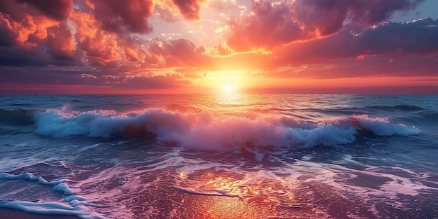 Majestica puesta de sol en el mar con las olas del agua rodando