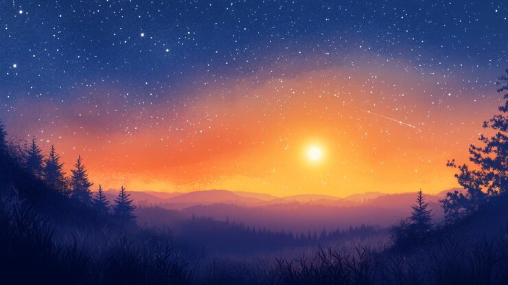 Majestica puesta de sol sobre colinas y bosques con el cielo estrellado en el fondo
