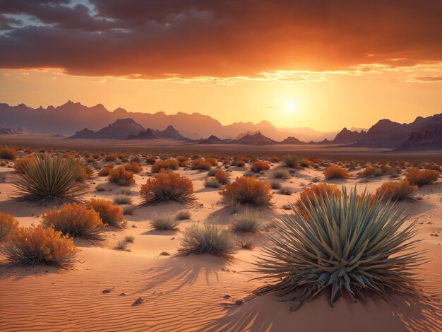 Majestica puesta de sol sobre el paisaje desértico con silueta de montaña y arbustos en primer plano