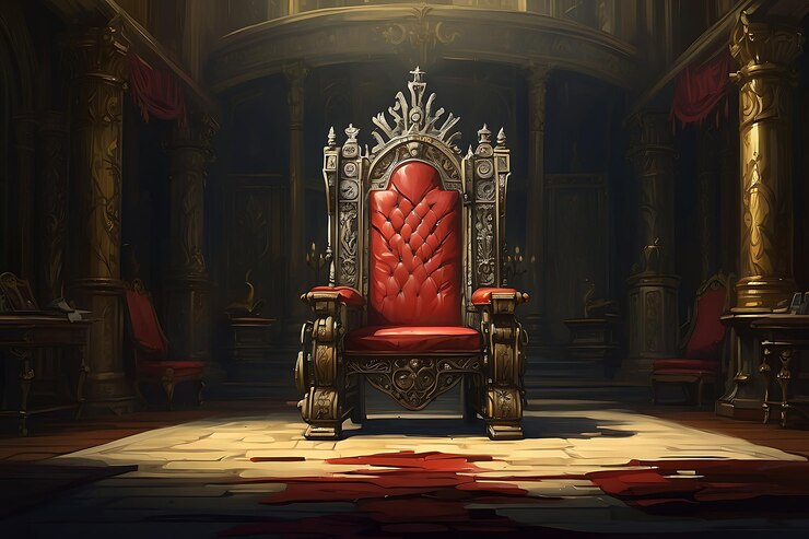Majestica sala del trono Ilustración del trono del rey Sala del trono de filigrana dorada en una medieval