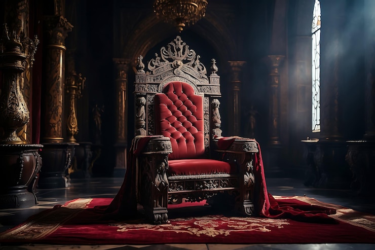 Majestica sala del trono Ilustración del trono del rey Sala del trono de filigrana dorada en una medieval