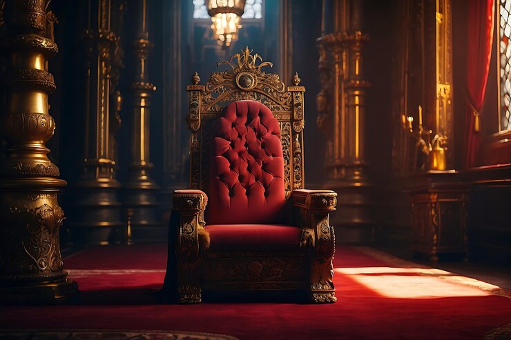 Majestica sala del trono Ilustración del trono del rey Sala del trono de filigrana dorada en una medieval