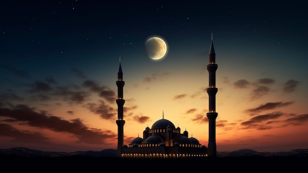 Majestica silhueta de mesquita contra um céu de pôr-do-sol com lua crescente