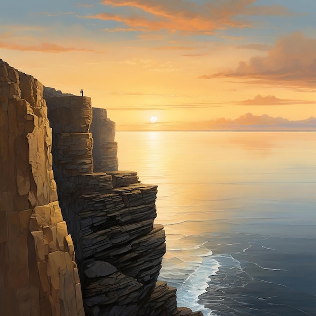 Foto majestica silueta de acantilado tranquilo anochecer sobre el agua horizonte dorado
