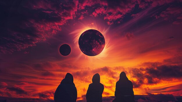 Foto majestica silueta de eclipse de puesta de sol con tres observadores