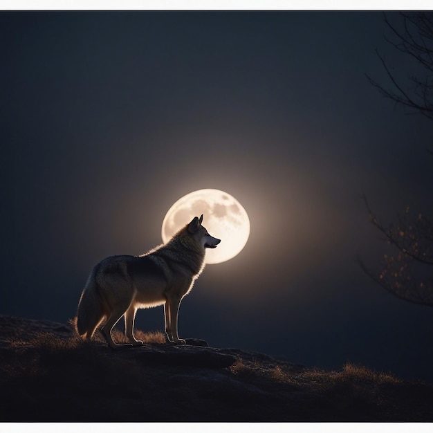 Foto majestica silueta de lobo en rocky hill con la luna iluminada en el sereno cielo nocturno
