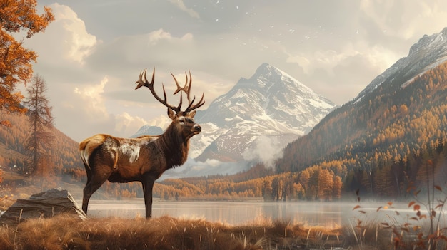 Majestica vista de otoño de un ciervo rojo Paisaje acuarelado Bosques de montañas y ciervos generados