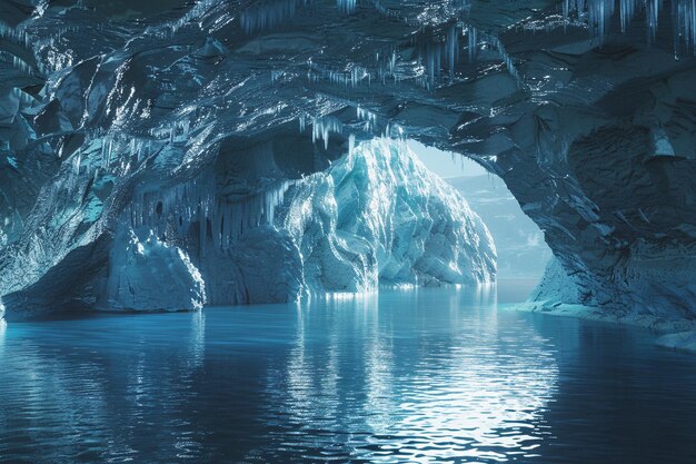 Majesticas cavernas de gelo brilhando com a luz refletida