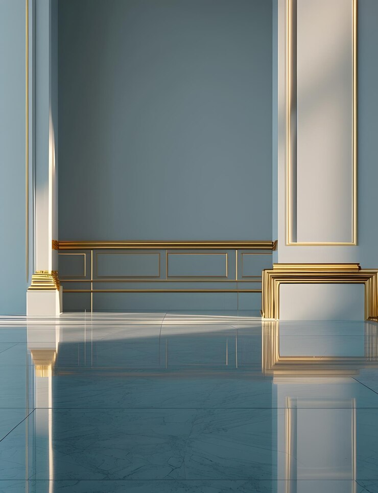 Majesticas columnas de oro en una lujosa habitación blanca con una piscina de agua azul brillante de la mejor calidad