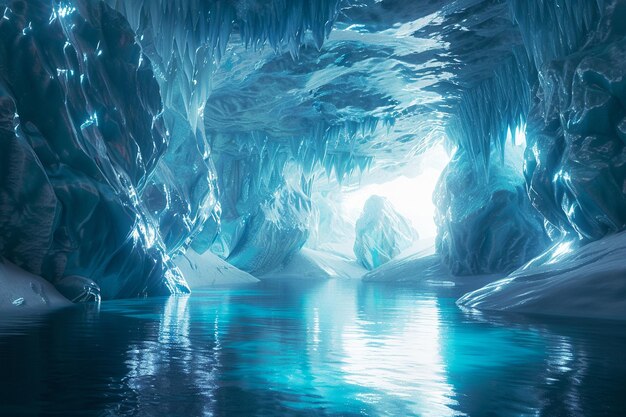 Foto majesticas cuevas de hielo que brillan con la luz reflejada