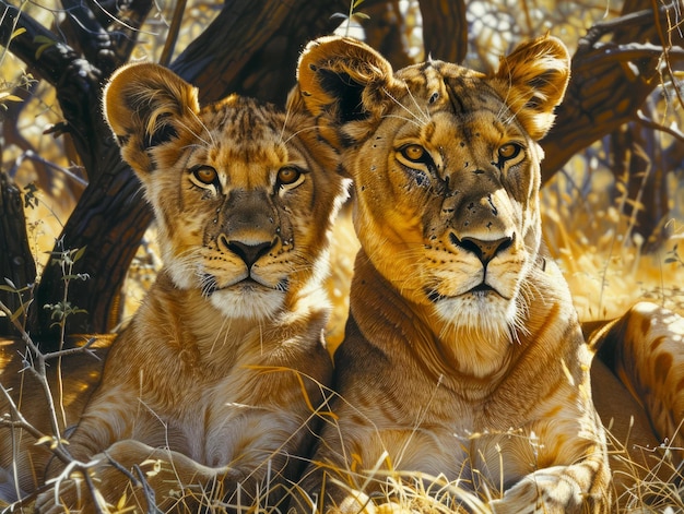 Majesticas leonas africanas descansando en la luz dorada de la sabana felinos orgullosos en su hábitat natural