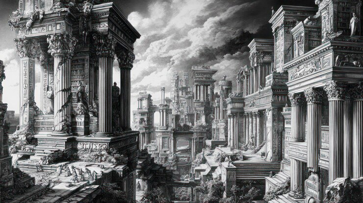 Majesticas ruinas de una antigua ciudad perspectiva atmosférica en escala de gris