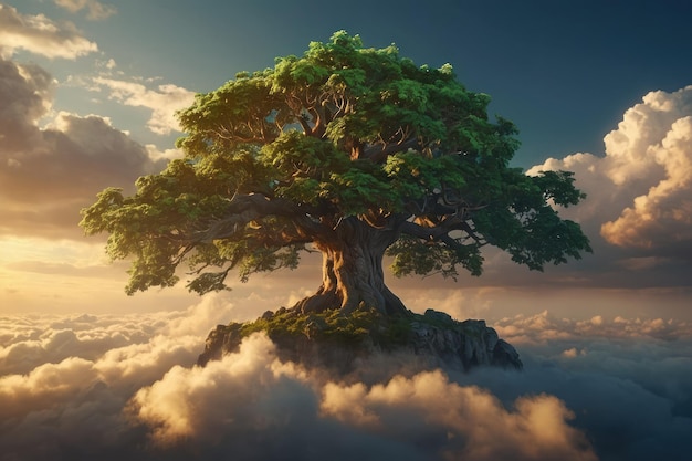 Majestico árbol de pie por encima de las nubes al amanecer