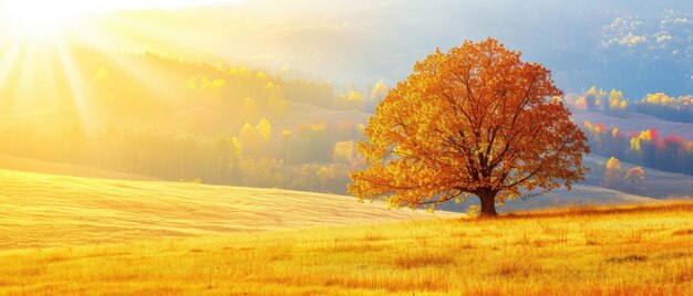Foto majestico árbol solitario en un campo de otoño iluminado por el sol