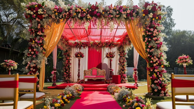 Majestico arco de bodas de flores rojas para una gran ceremonia india