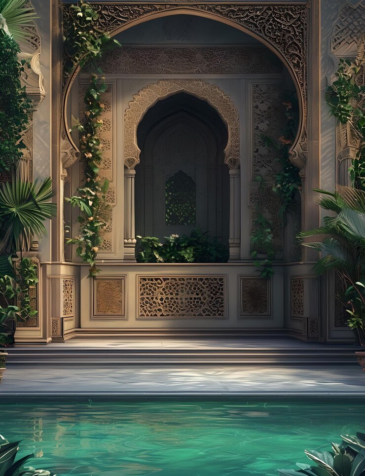 Majestico arco marroquí junto a la piscina con plantas exóticas perfectas para fondos de papel tapiz