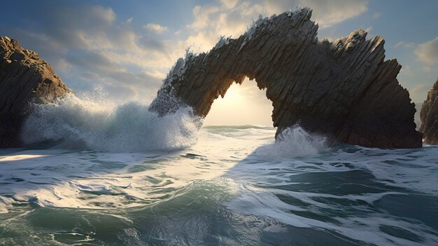 Foto majestico arco de roca natural con olas que se estrellan en su base bajo un cielo dramático