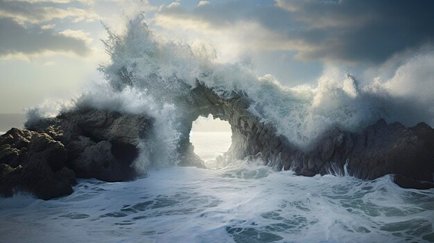 Majestico arco de roca natural con olas que se estrellan en su base bajo un cielo dramático