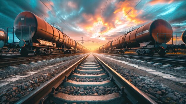 Majestico atardecer sobre el patio del ferrocarril con el tren cisterna de petróleo