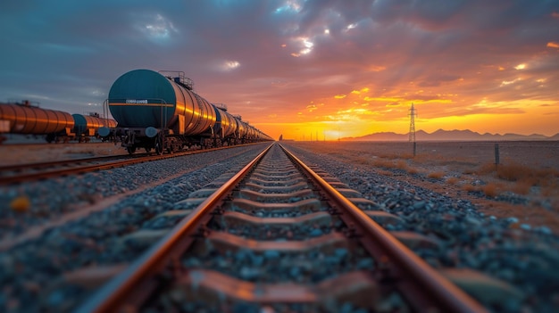 Majestico atardecer sobre el patio del ferrocarril con el tren cisterna de petróleo