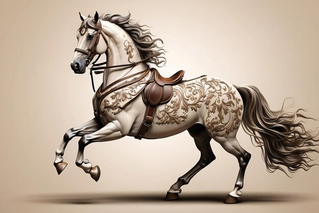 Majestico caballo blanco en estilo de grabado medieval