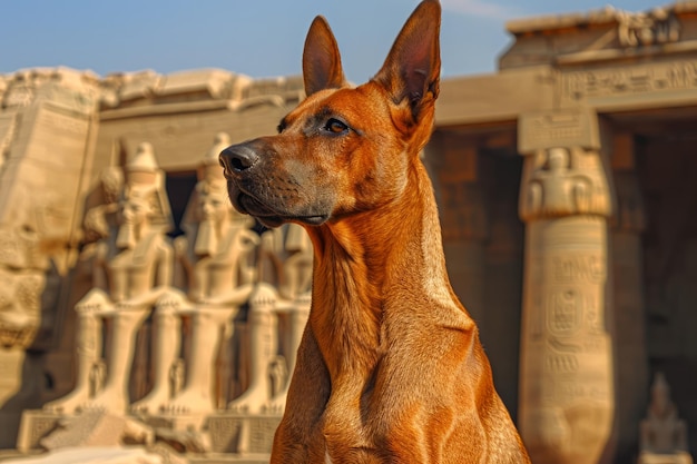 Foto majestico cão de caça do faraó egípcio posando em frente às ruínas do antigo templo sob a luz do sol