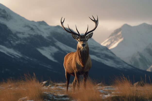 Majestico ciervo rojo en el paisaje invernal con picos de montaña cubiertos de nieve