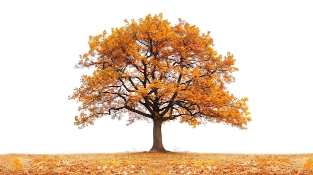 Majestico y colorido árbol de otoño aislado sobre un fondo blanco El árbol tiene hojas naranjas vibrantes y se encuentra contra un fondo blanco