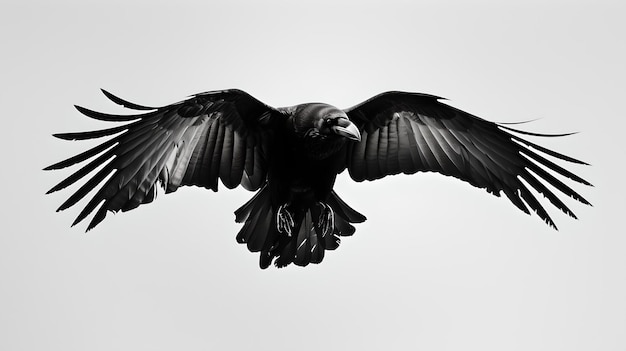 Foto majestico cuervo negro en vuelo contra un telón de fondo gris fotografía de vida silvestre en estilo monocromático elegancia y gracia en la naturaleza capturó simplicidad y libertad concepto de ia