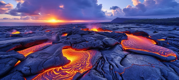 Majestico e inspirador fluxo de lava em cascata pelas encostas depois de uma poderosa erupção vulcânica