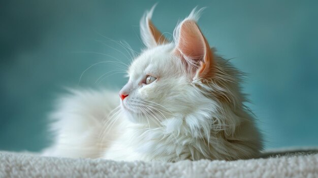 Majestico gato blanco de pelo largo posando elegantemente con pelaje esponjoso y orejas puntiagudas contra un suave