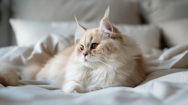 Majestico gato siberiano de color crema descansando con gracia en una suave cubierta blanca en la luz natural