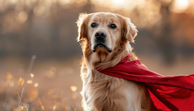 Majestico golden retriever con pañuelo rojo en escena de otoño