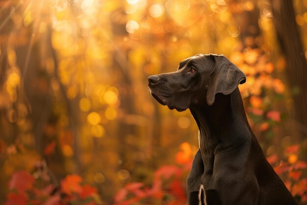 Majestico Great Dane posando graciosamente em uma densa paisagem florestal