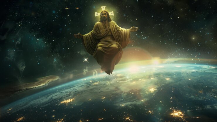 Foto majestico jesús como el redentor flotando en el espacio mirando a la tierra iluminada por las estrellas