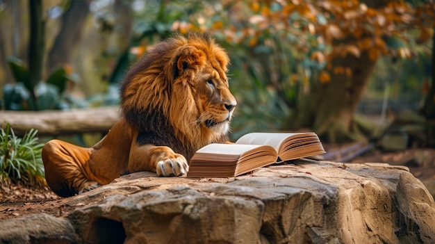 Foto majestico león adulto descansando y contemplando un libro abierto en un bosque sereno