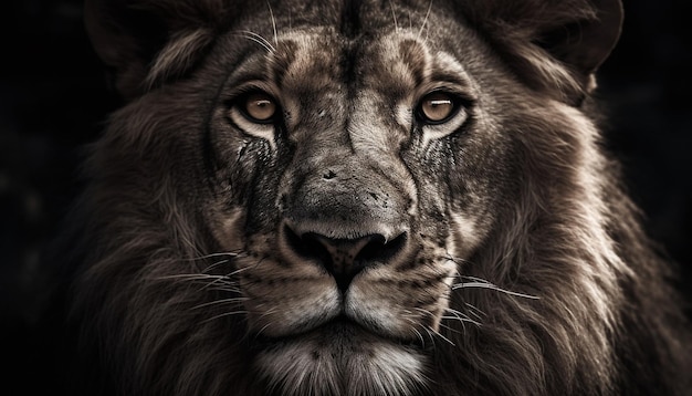 Foto majestico león mirando fijamente a la cámara la piel y los bigotes en foco generados por la inteligencia artificial