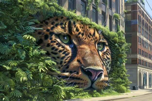 Foto majestico mural de jaguar en la pared de un edificio urbano rodeado de exuberante vegetación en la ciudad