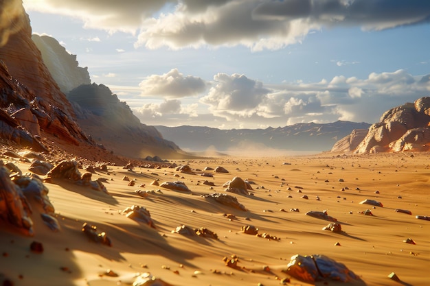 Majestico paisaje desértico con dunas de arena dorada acantilados rocosos y cielo dinámico en Sunset Natures