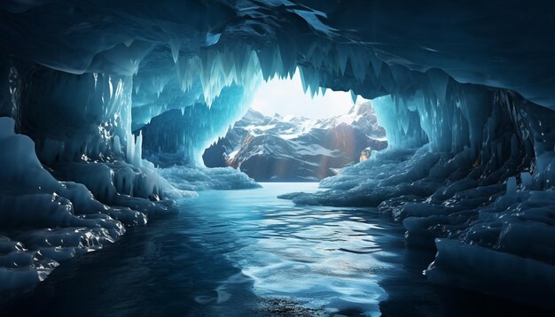 Foto majestico paisaje montañoso agua azul congelada aventura de invierno al aire libre generada por inteligencia artificial